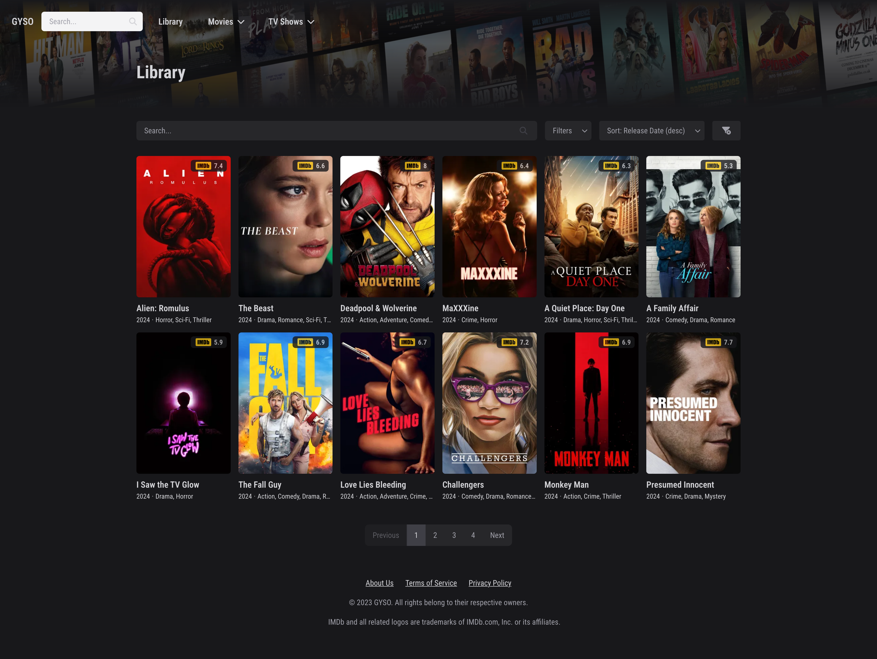 Screenshot of the Library section showing a grid of movies and TV shows with filtering and search options. Screenshot of the Library section showing a grid of movies and TV shows with filtering and search options.