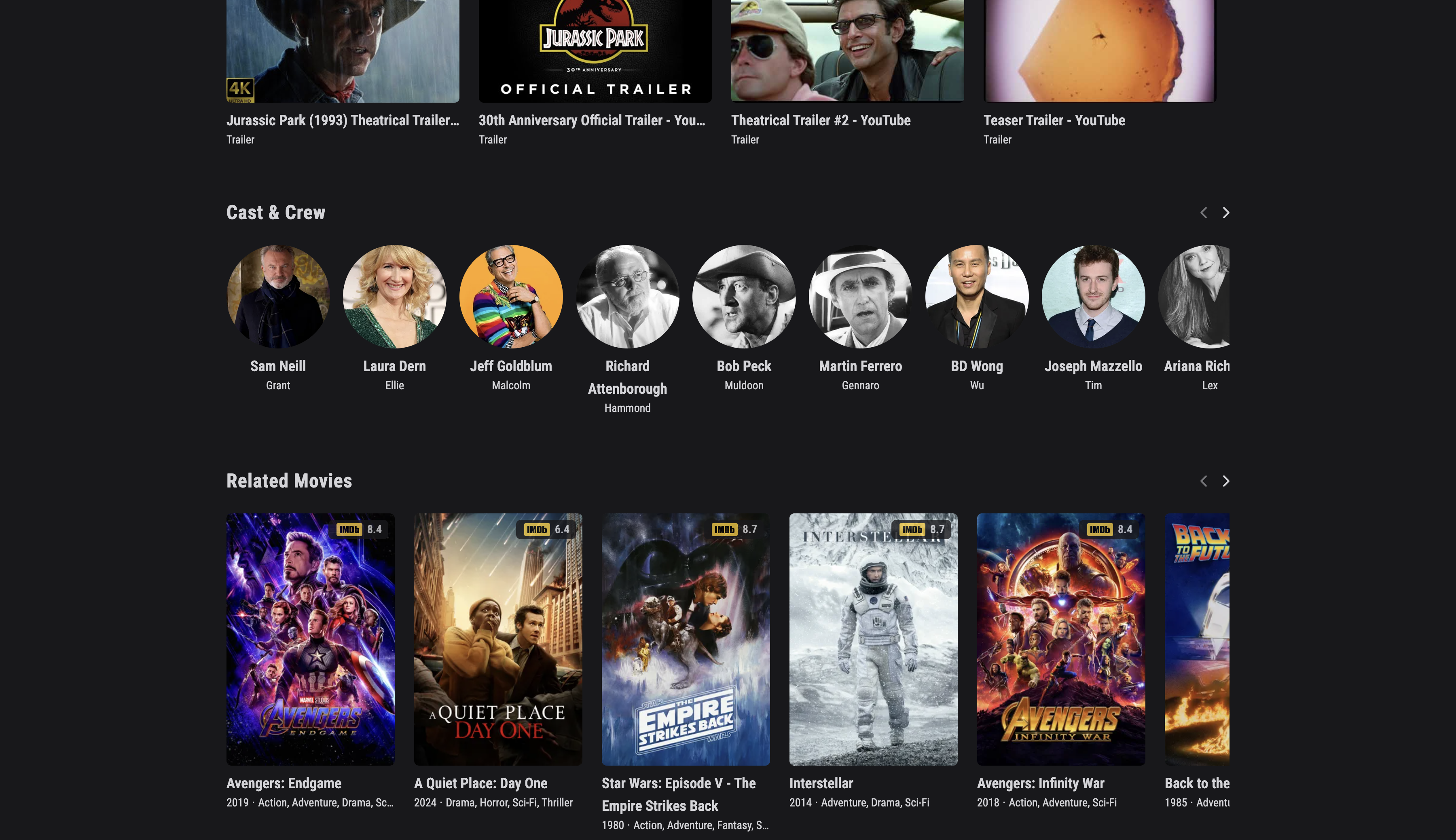 Additional Sections: Clips, Trailers, Cast & Crew, and Related Movies for the Selected Film Scrollable sections on the movie page for clips, trailers, cast and crew information, and related movies.