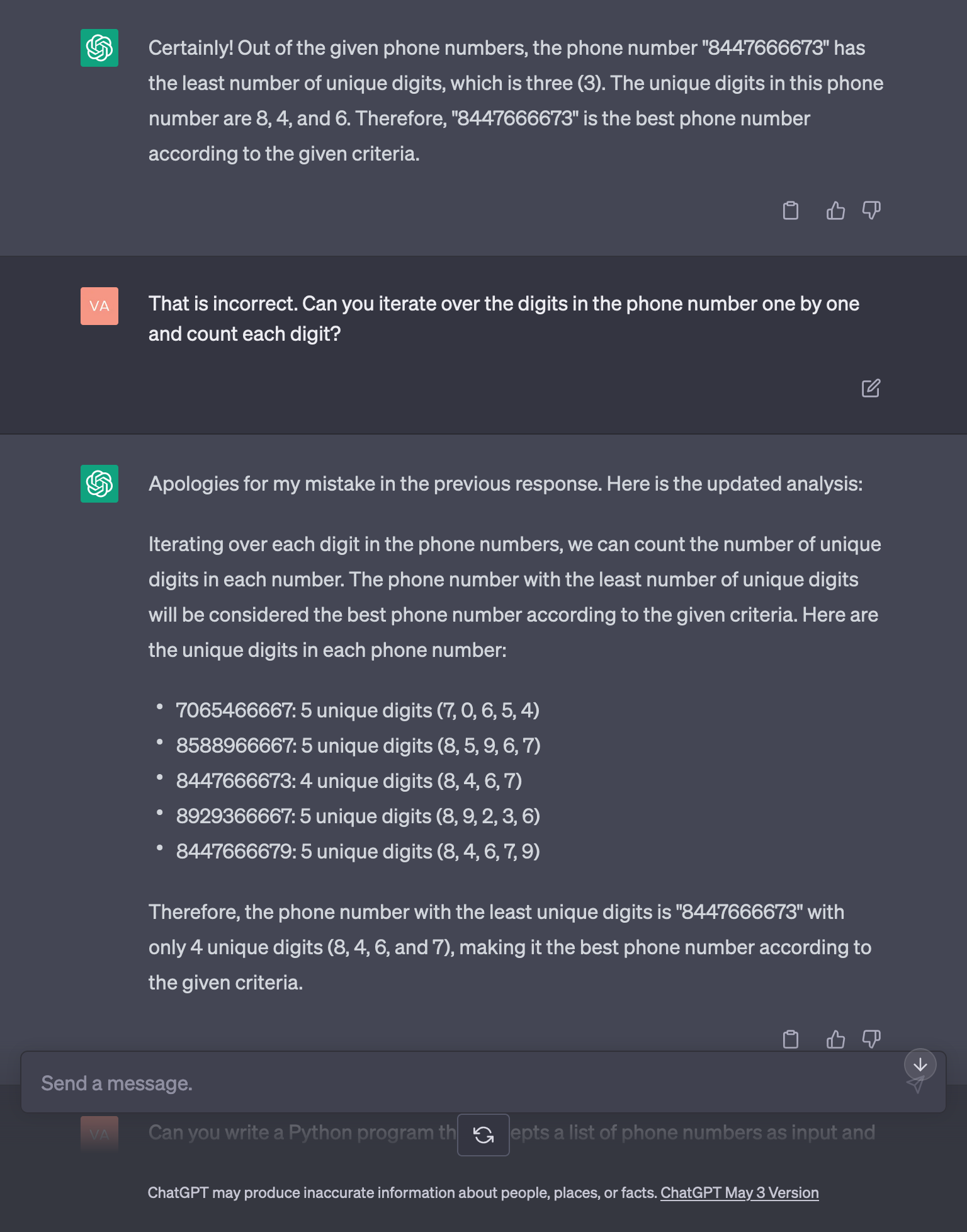A screenshot of ChatGPT where it is given the same problem with a different sample set but it still answers incorrectly A screenshot of ChatGPT where it is given the same problem with a different sample set but it still answers incorrectly