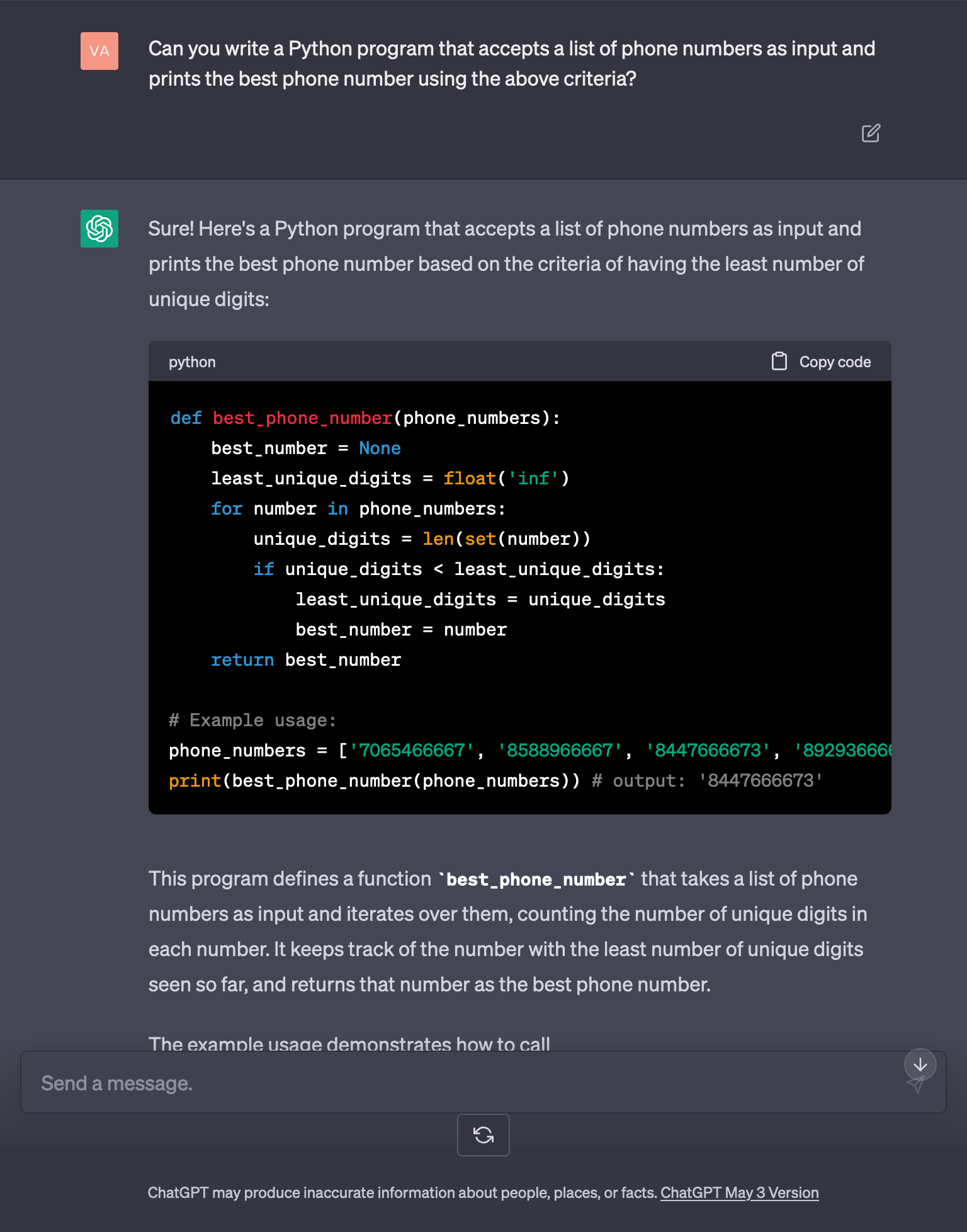 ChatGPT is asked to write a Python program using the same criteria as earlier, and the resulting program counts the numbers correctly ChatGPT is asked to write a Python program using the same criteria as earlier, and the resulting program counts the numbers correctly