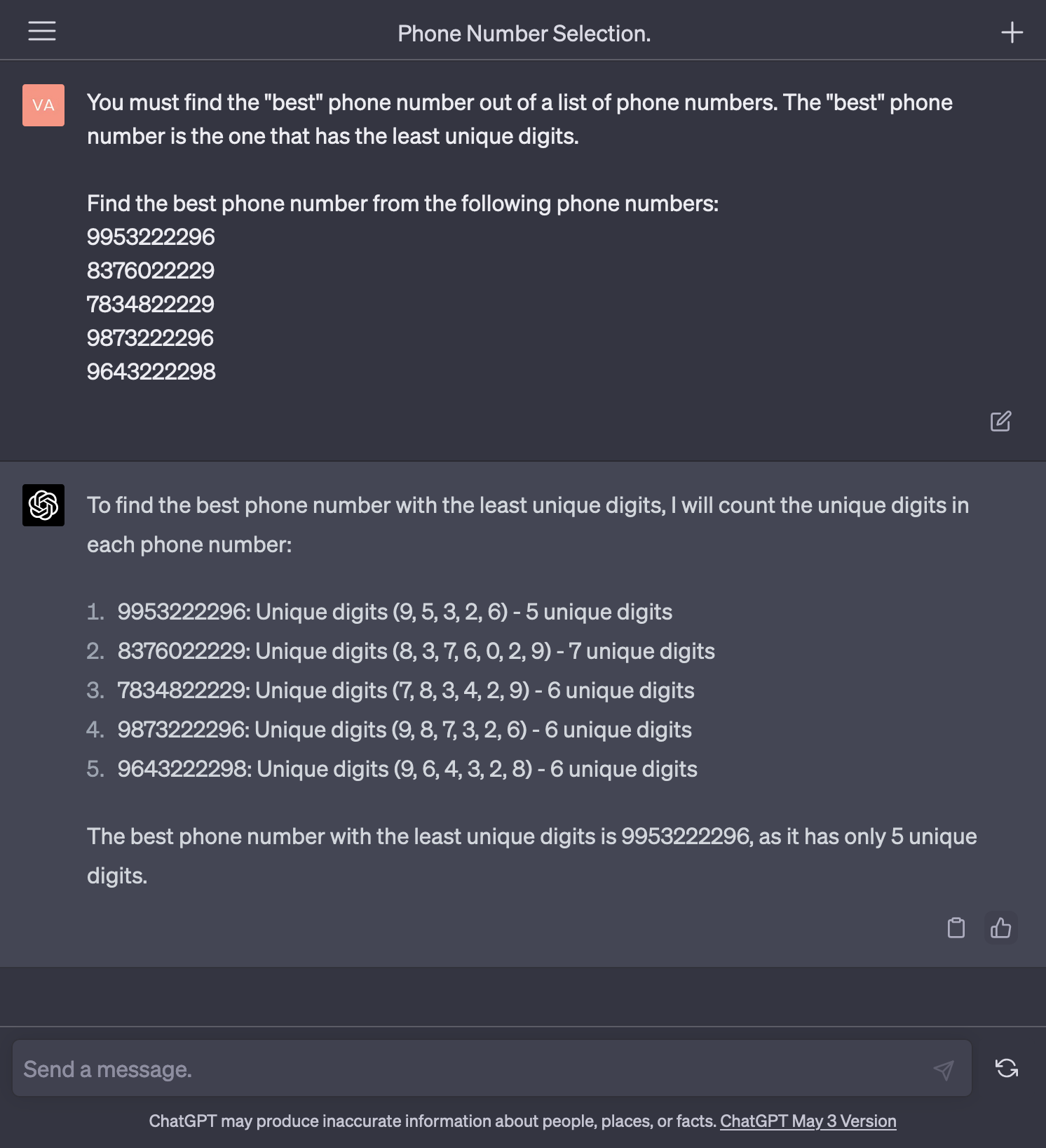 ChatGPT's newer model is asked to find the best phone number out of a list of phone numbers and it answers correctly ChatGPT’s newer model is asked to find the best phone number out of a list of phone numbers and it answers correctly
