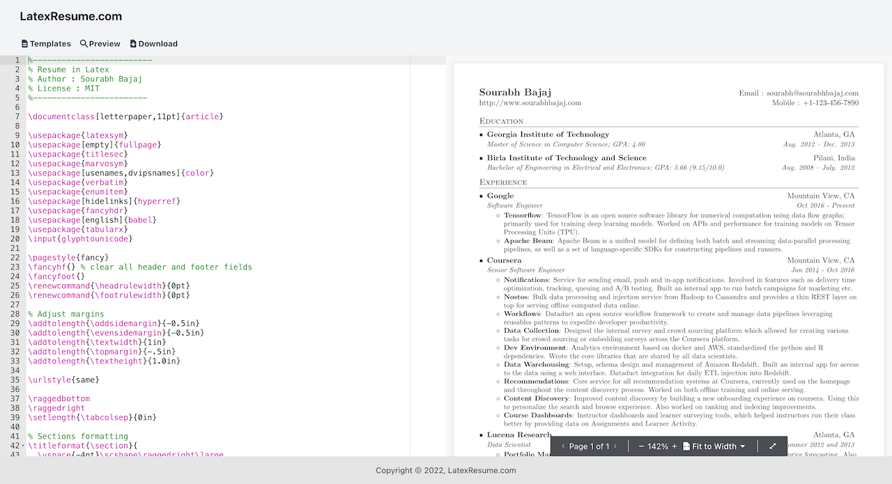 A screenshot of the LatexResume website A screenshot of the LatexResume website
