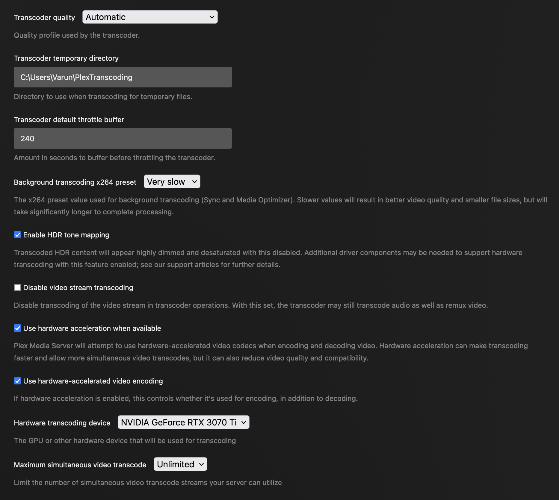 Plex Transcoder Settings: Quality, Directory, Throttle Buffer, and Hardware Acceleration Screenshot of Plex transcoder settings showing options for transcoder quality, temporary directory, throttle buffer, and various transcoding and hardware acceleration settings.