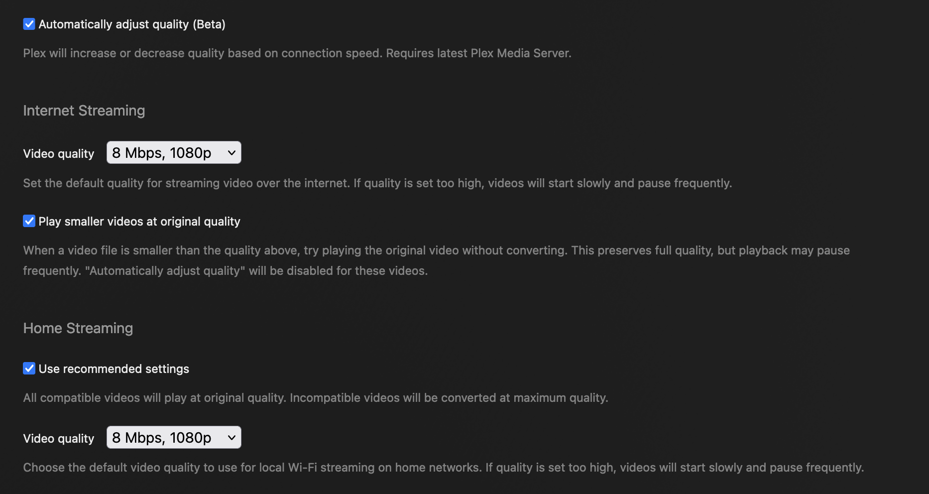 Plex Web Quality Settings: Automatic Adjustment, Internet Streaming, and Home Streaming Screenshot of Plex Web Quality settings showing options for automatically adjusting quality, internet streaming video quality, and home streaming video quality.